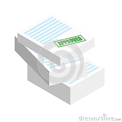 Approved stamp on the stack of paper sheets. Stock Photo